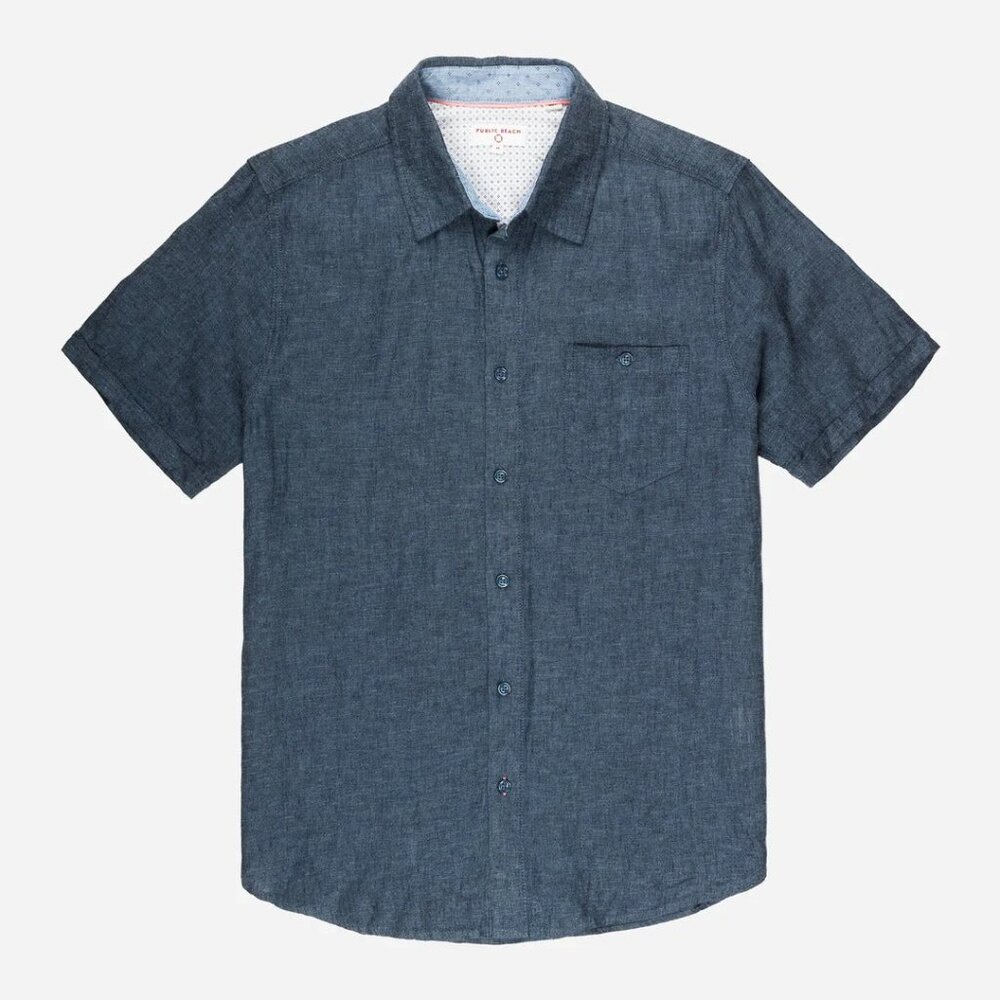 Public Beach Indigo Linen Blend Short Sleeve Shirt Contrasting Inner Placket